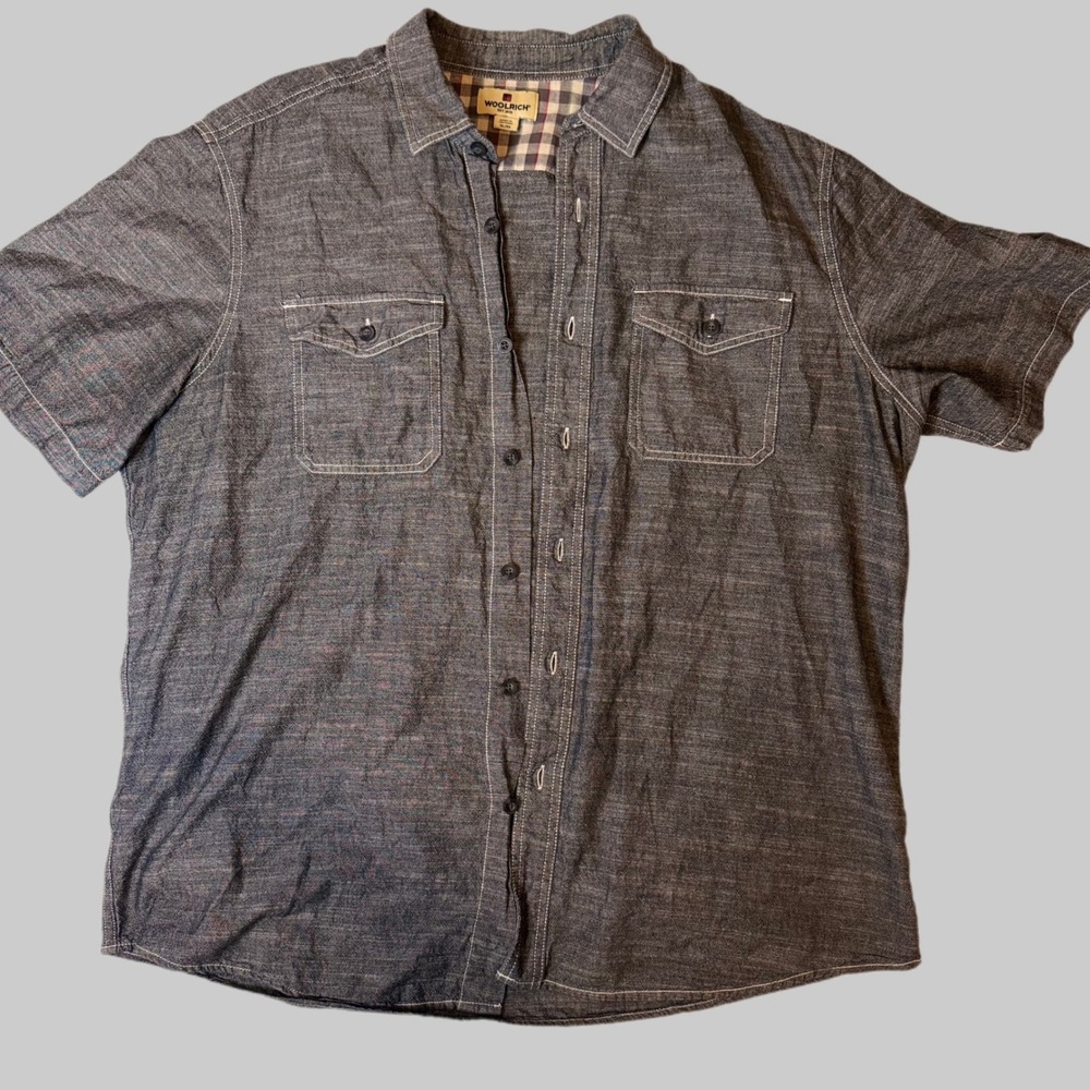 Woolrich Mens Chambray Shirt XL Button‎ Up Short Sleeve Casual Pockets